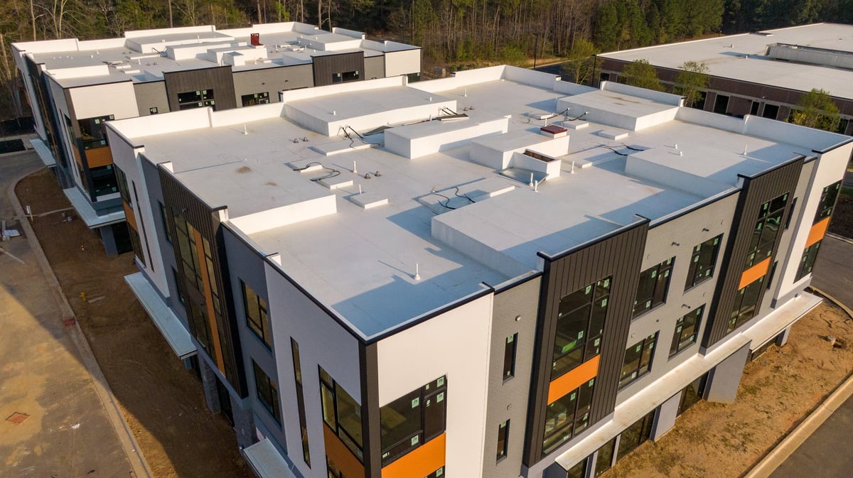 Aerial inspection view of a commercial roofing membrane and its welded seams